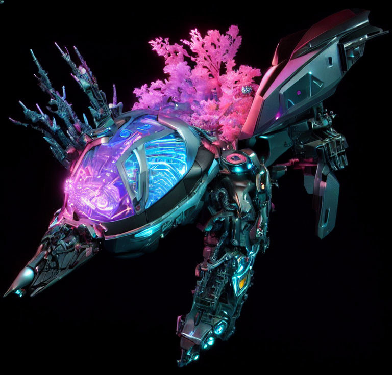 Futuristic underwater vehicle with mechanical tentacles and pink coral formation against dark background