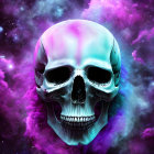 Neon-colored skull digital art with cosmic backdrop