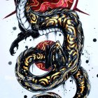 Detailed Black Dragon Illustration with Red Eyes and Loops on Light Background