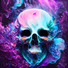 Colorful digital artwork featuring skull and abstract shapes in pink, purple, blue, and white.