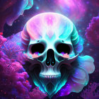 Colorful digital artwork: Neon skull with cosmic patterns in psychedelic space