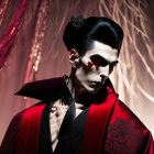 Male vampire with slicked-back hair, red eyes, and cape in dark setting