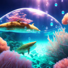 Colorful underwater scene with fish, jellyfish dome, coral, and bubbles in blue and purple light