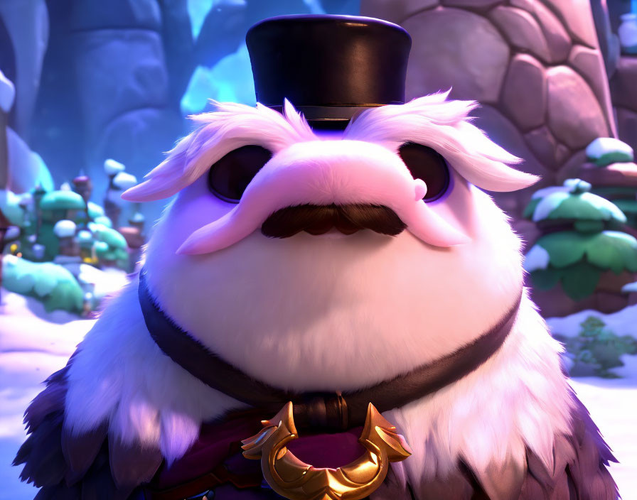 Fluffy white creature with mustache and top hat in snowy scene