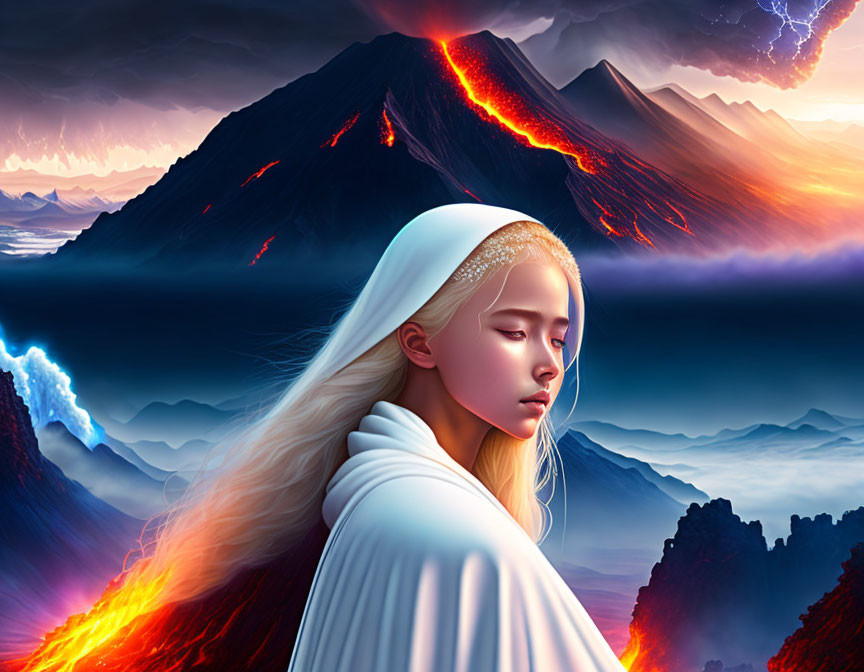 Pale-skinned woman in white robes amidst volcanic eruptions and electric-blue lightning