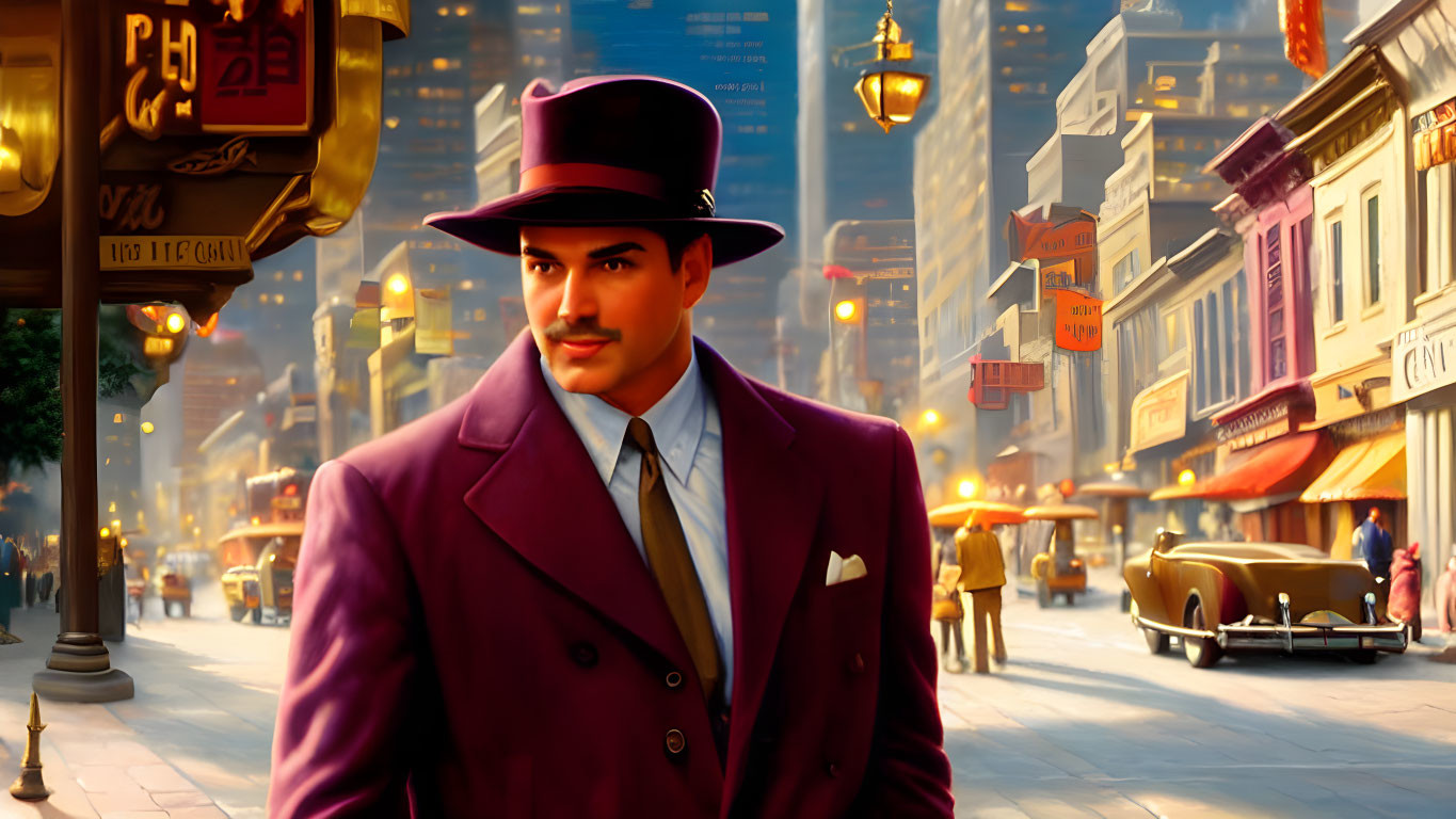 Man in Purple Suit and Hat Walking in Retro City Street