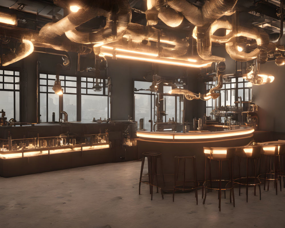 Urban Bar with Exposed Pipework, Warm Lighting, Bar Stools, and City View