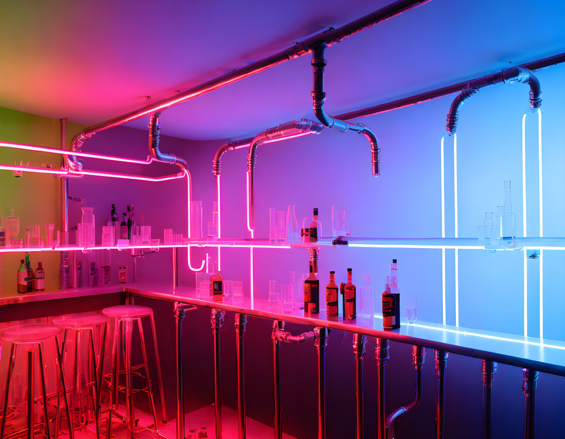Vibrant neon-lit modern bar with glowing counter and colorful backdrop