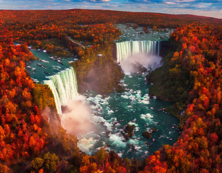 Aerial View of Niagara Falls with Autumn Foliage and Mist