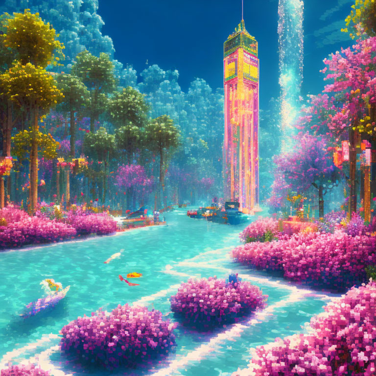 Fantasy artwork: Canal scene with boats, pink flora, clock tower in forest