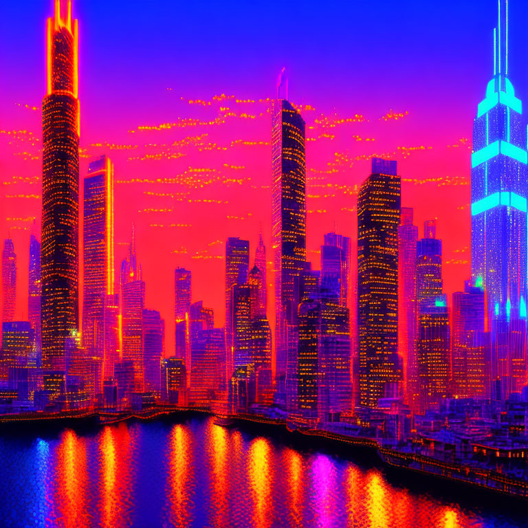 Futuristic cityscape art: neon blue and orange hues, crimson sky