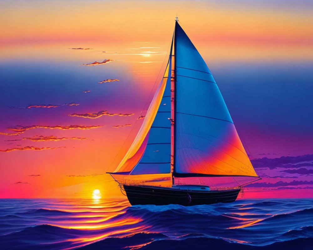 Sailboat with Blue Sail on Vibrant Ocean Waves at Sunset
