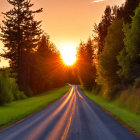 Scenic sunset with sunbeams through trees on winding road
