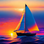 Sailboat with Blue Sail on Vibrant Ocean Waves at Sunset