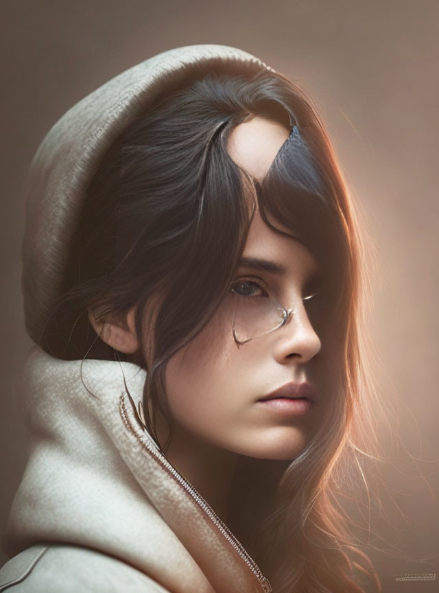 Portrait of person with long dark hair in hoodie, contemplative expression, tear on cheek