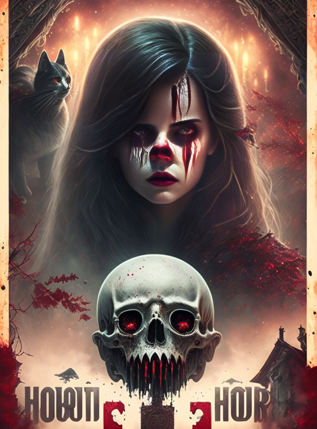 Gothic horror-style image with woman, black cat, skull, and Cyrillic text