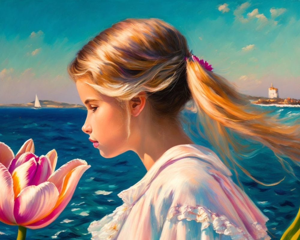 Portrait of a young woman with blonde hair and pink tulip, set against a seascape with l