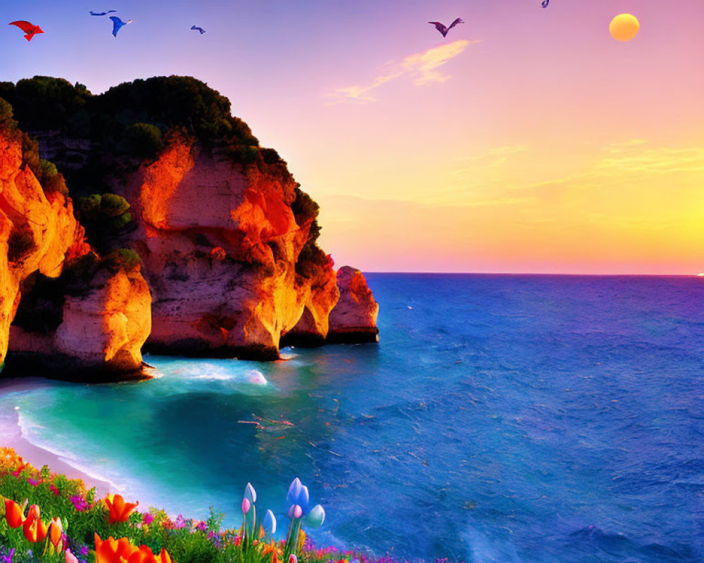 Majestic coastal sunset with cliffs, colorful flora, sea, and birds