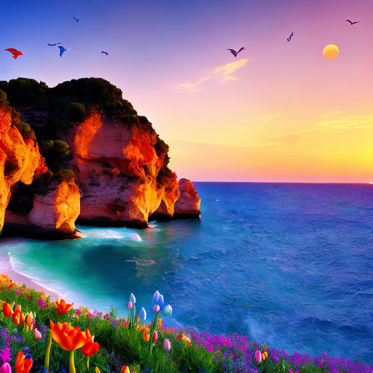 Majestic coastal sunset with cliffs, colorful flora, sea, and birds
