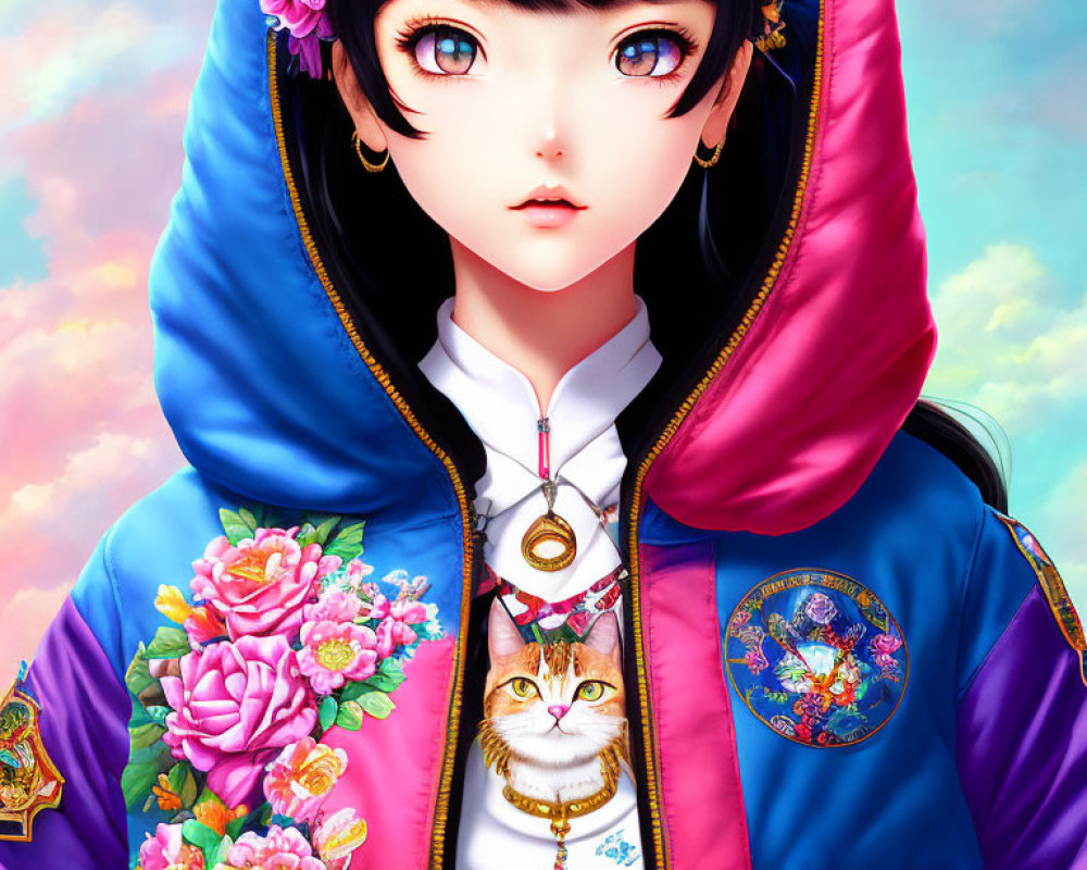 Colorful Digital Artwork: Girl with Expressive Eyes in Floral Cat Hoodie