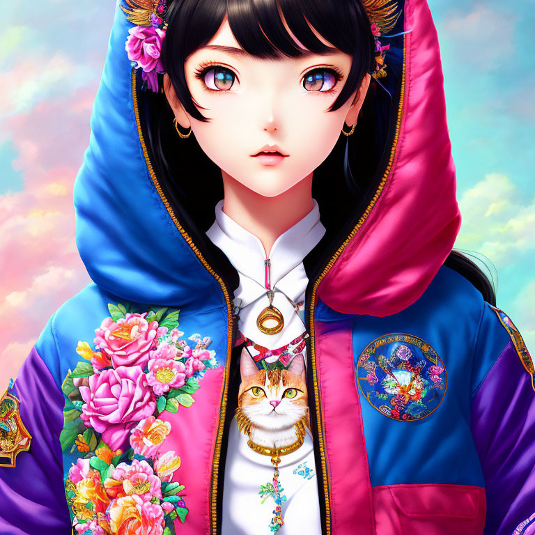 Colorful Digital Artwork: Girl with Expressive Eyes in Floral Cat Hoodie