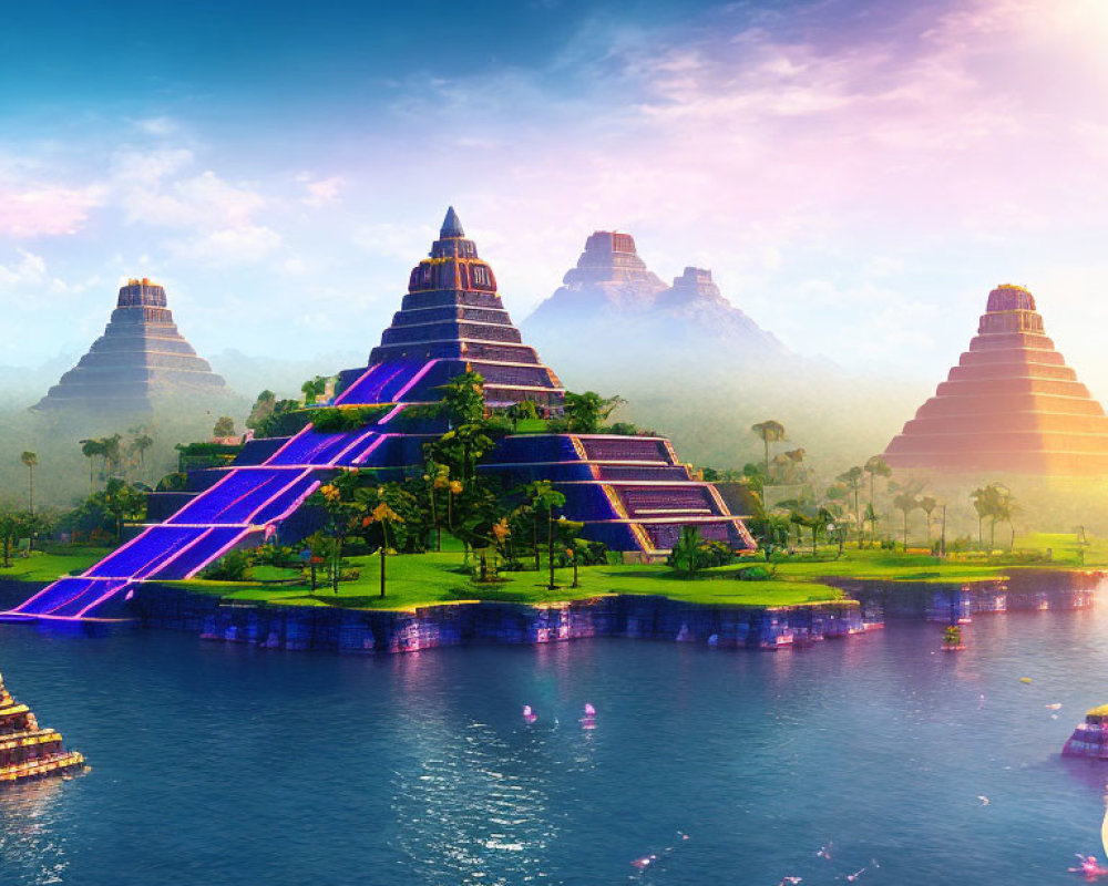 Stepped pyramids near water with lush greenery and misty mountains
