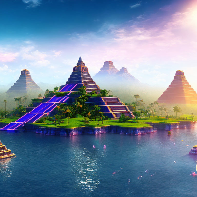 Stepped pyramids near water with lush greenery and misty mountains