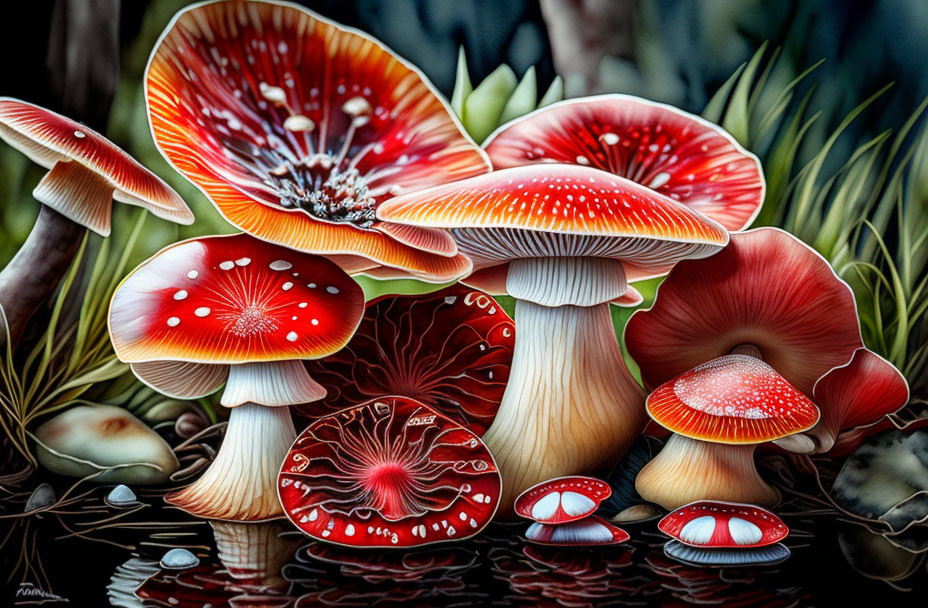 Detailed forest scene with diverse red-capped mushrooms surrounded by green foliage