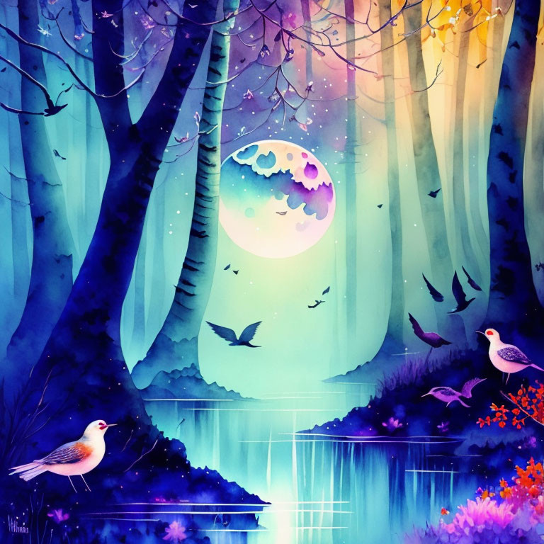Colorful Forest Scene with Crescent Moon, Birds, and Tranquil Pond