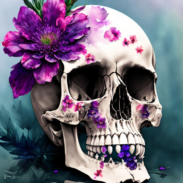 Skull with purple and pink flowers on blue background symbolizing life and death blend