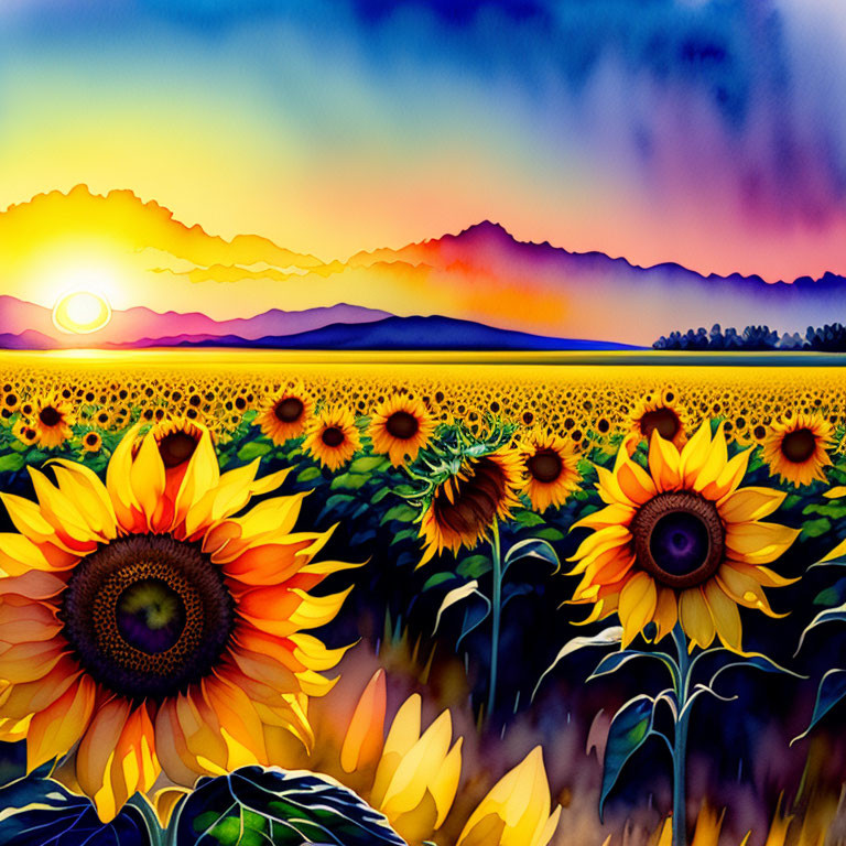 Colorful sunset over sunflower field with mountains