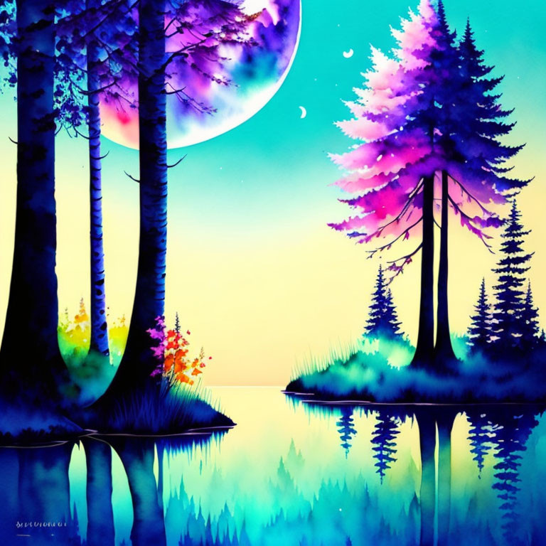 Serene twilight scene with silhouetted trees and moon in watercolor