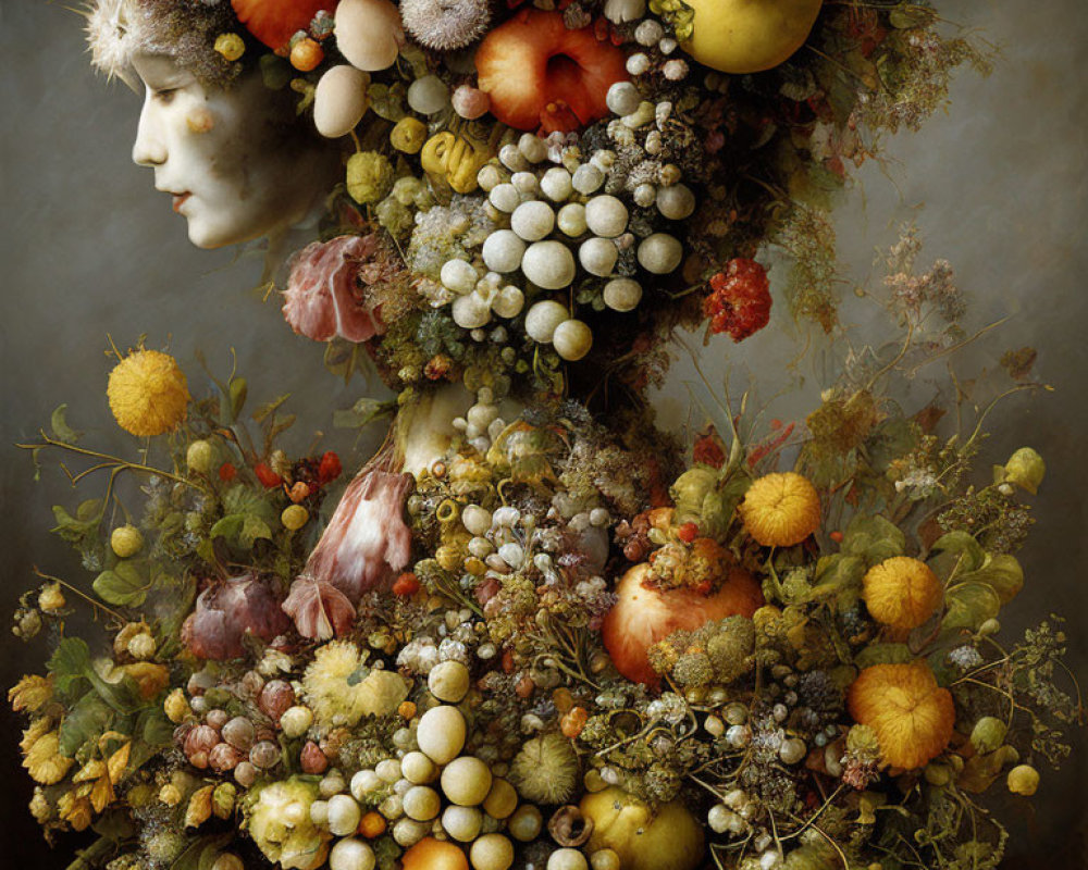 Colorful surreal portrait featuring fruits, flowers, and foliage