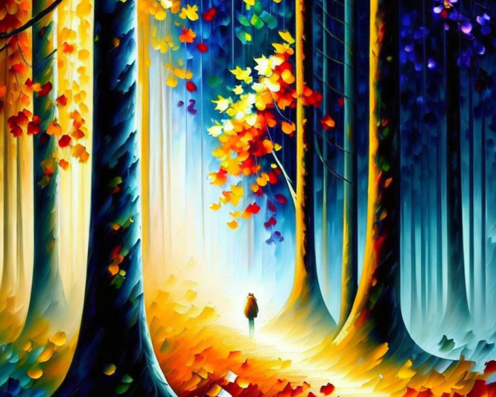 Impressionistic painting of person in vibrant forest landscape