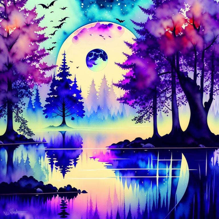 Colorful fantasy landscape with moon, trees, lake, and birds in purple-blue sky