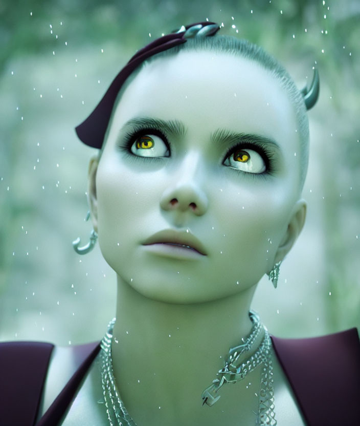 Female figure with green skin, horns, and yellow eyes in modern jewelry against misty green background.