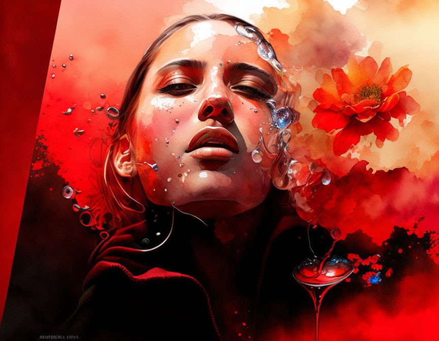 Digital artwork: Woman's face with water droplets on skin, red background & stylized flower