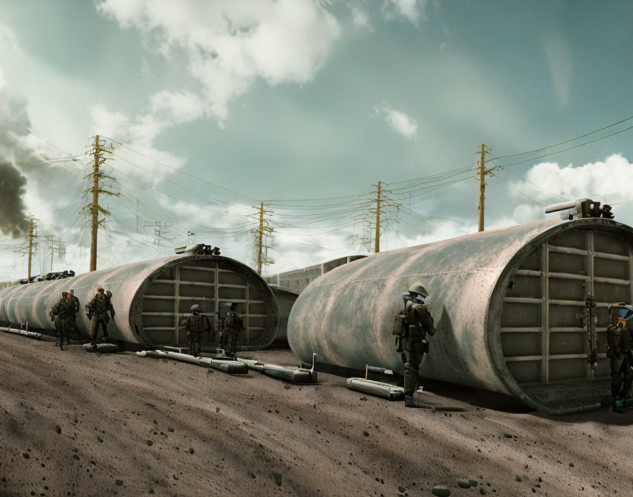 Futuristic armored soldiers patrol industrial area with cylindrical structures