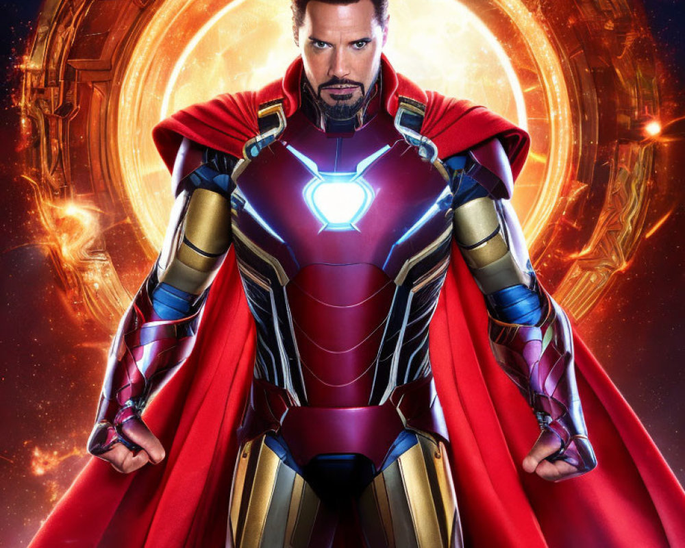 Superhero in Red and Gold Costume with Fiery Portal Background