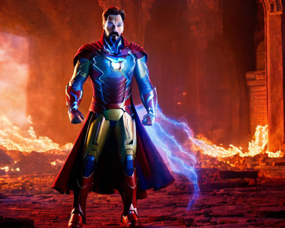 Superhero in Red and Blue Costume with Magical Energy in Fiery Ruins