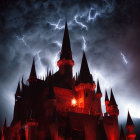 Gothic castle at night with lightning strikes and eerie ambiance