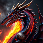 Detailed digital art: Red dragon with horns and scales, breathing fire on dark background