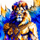 Majestic lion in golden armor on blue background