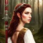 Auburn-Haired Woman in Golden Tiara with Spear in Misty Forest