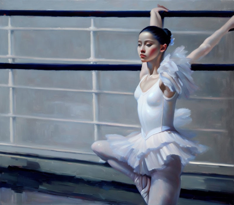 Elegant ballerina in white tutu poses near window with shadows