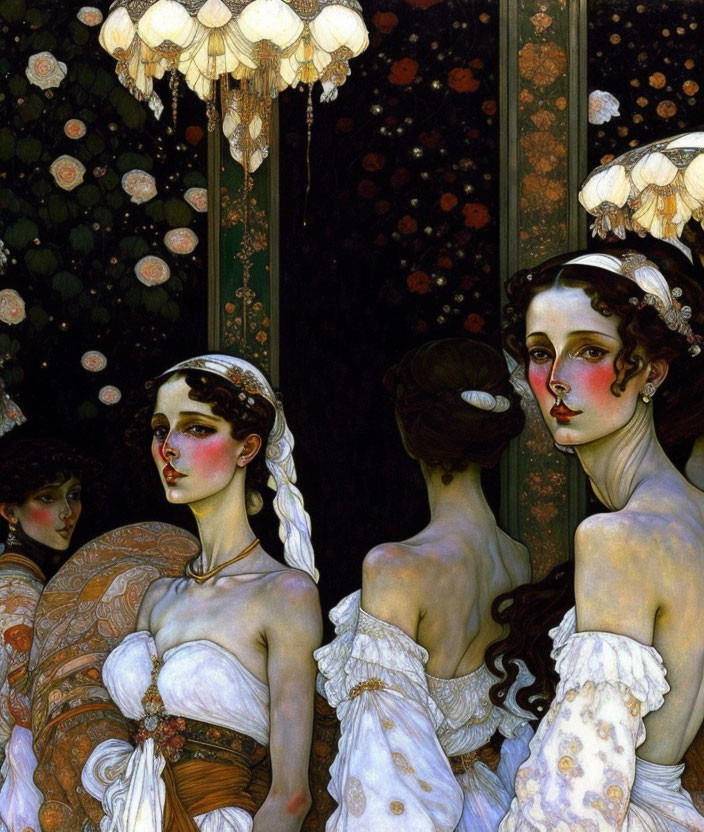 Four elegant women in white dresses with elaborate hairstyles against a dark floral backdrop