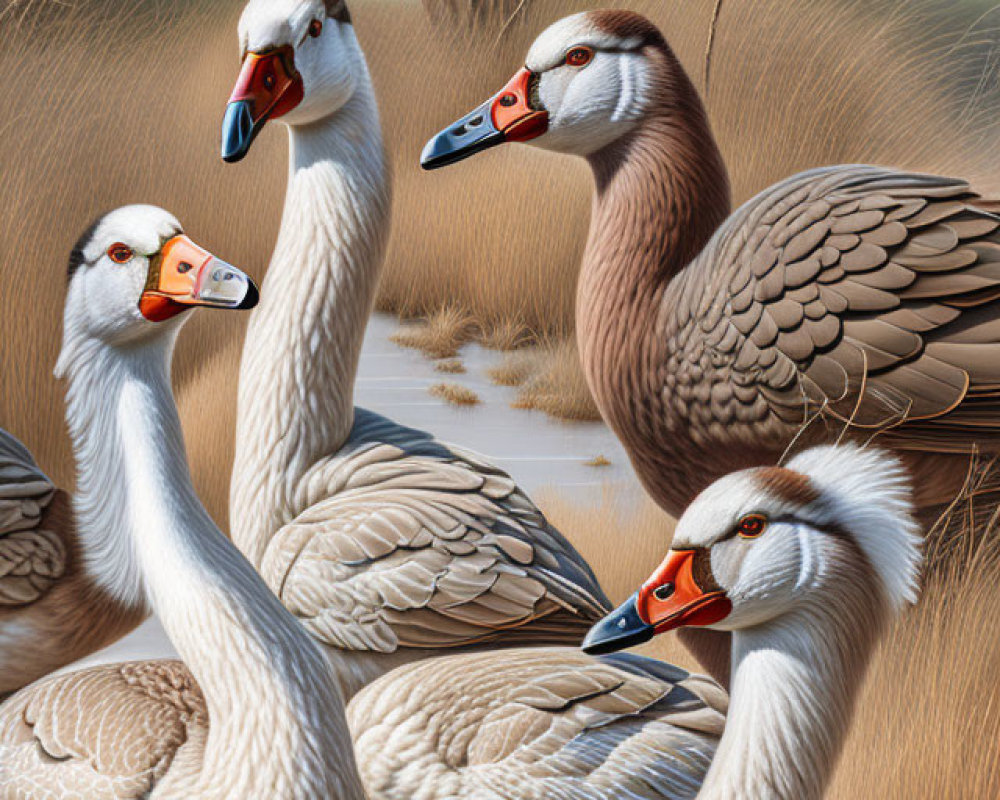 Detailed flock of geese by serene water in soft landscape
