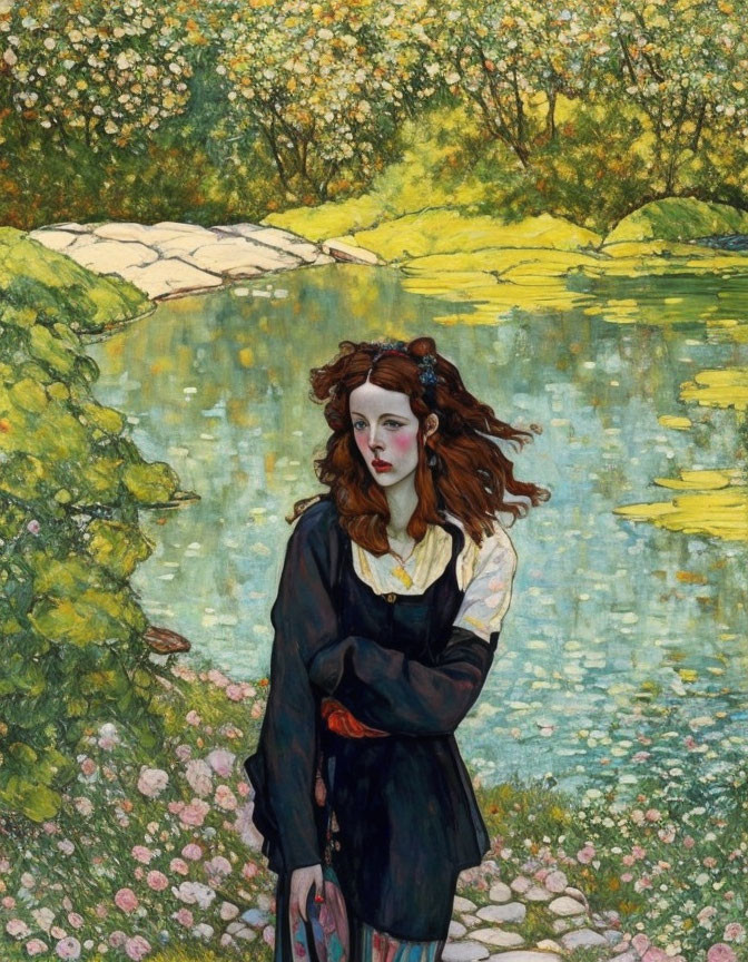 Serene pond scene with somber young woman in vintage attire
