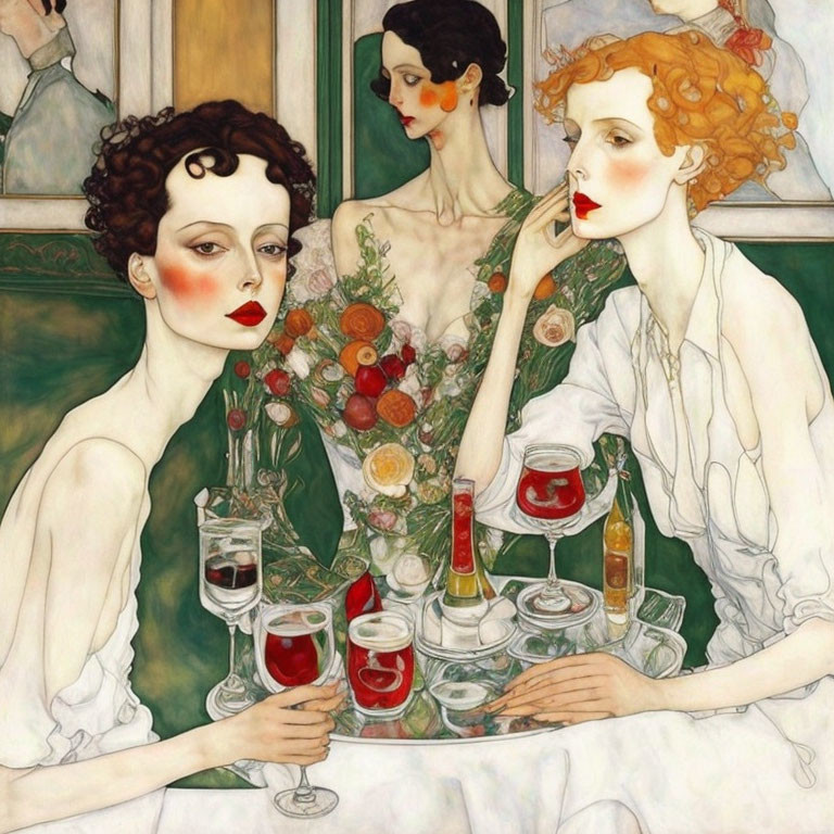 Stylized women with striking makeup and flowing dresses at a table with wine