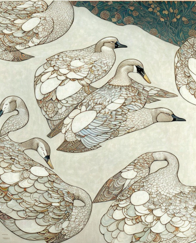Intricately patterned swans on decorative foliage background